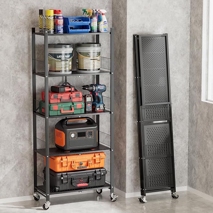 Heavy Duty Folding Shelves No Assembly, 5 Tier Metal Foldable Storage Shelves with Wheels, 220LBS Per Shelf Collapsible Rack for Garage Storage, Black - Image 6
