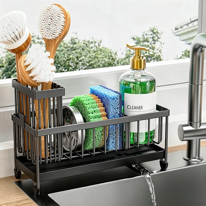 Cisily Sponge Holder for Kitchen Sink, Sink Caddy Organizer with High Brush Holder, Kitchen Countertop Organizers and Storage Essentials, Rustproof 304 Stainless Steel (Dark Grey, 9.25″) by CISILYHOMELIFE