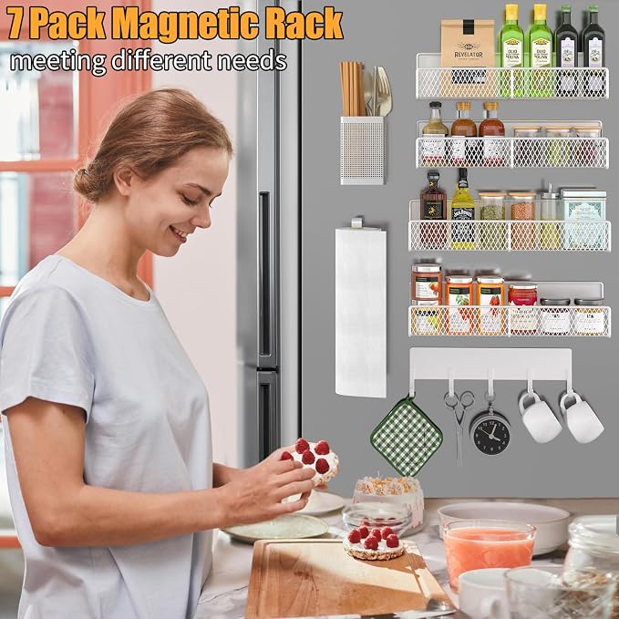 Magnetic Spice Rack for Refrigerator, 7 Pack 100% Metal Strong Magnet Shelves, Kitchen Spice Organizer W/ Hook Rack, Paper Towel Holder, Utensils Caddy, Home Laundry Room Storage Organization (White) - Image 5