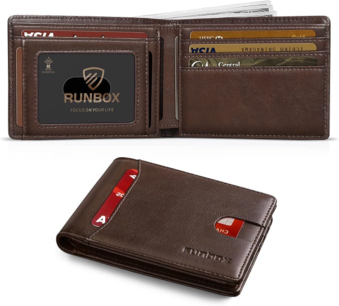 RUNBOX Wallet for Men, Slim Leather Bifold, RFID Blocking Card Holder | Minimalist Front Pocket Design, Credit Card Organizer, Holds 11 Cards, Large Capacity, Thin Profile, Birthday Gifts for Men by RUNBOX