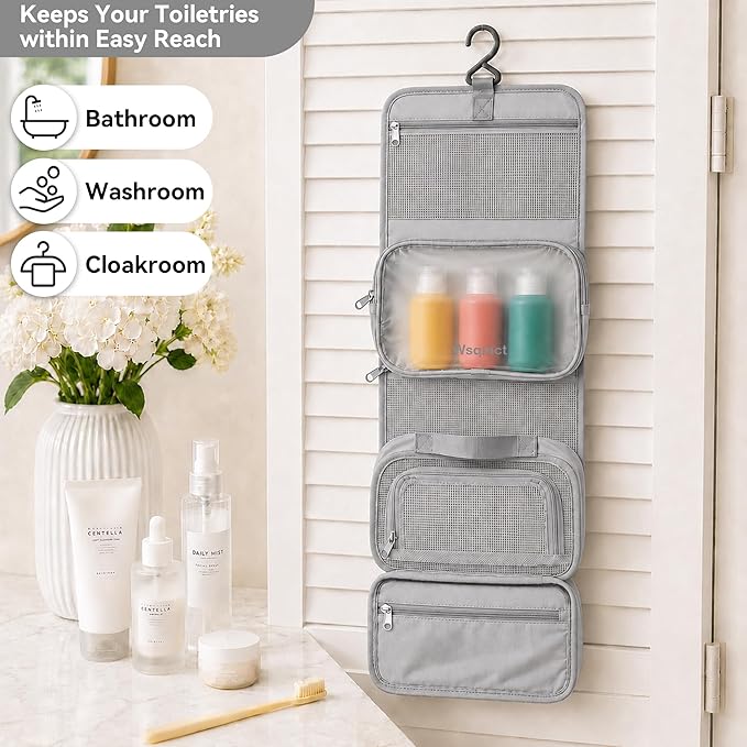 Hanging Travel Toiletry Bag, Waterproof Travel Bag for Toiletries Makeup Cosmetic Bag Organizer for Women Traveling Bathroom Shower, with 3 Silicone Travel Bottles, Blue - Image 4