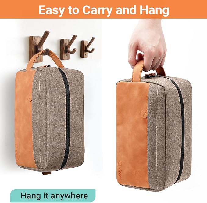 Elviros Travel Toiletry Bag for Men, Hanging Toiletries Bag Water Repellent Dopp Kit PU Leather Travel Bag for Toiletries Accessories, Khaki - Image 5
