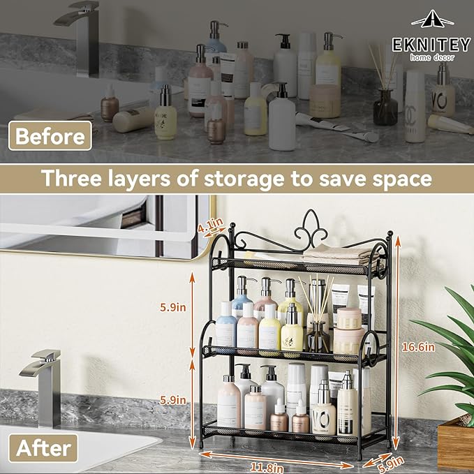 EKNITEY Bathroom Counter Organizer - 3 Tier Spice Rack(No Assembly) | Skincare Countertop Organizers, for Bathroom Kitchen Bedroom, Sturdy Metal Frame, Easy to Clean, Foldable, Black - Image 6
