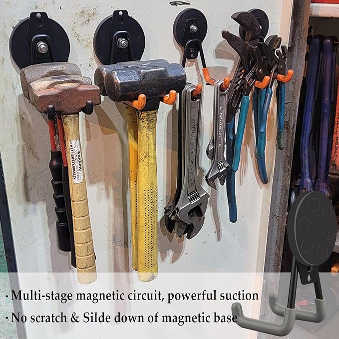 ULIBERMAGNET Heavy Duty Magnetic Hooks,Strong Large Magnet Hooks for Power Drill,Garden Tools, Hose,Pegboard,Garage, Workshop,2 Pack Magnetic Storage Hooks for Indoor Outdoor Hanging(Gray) - Image 3