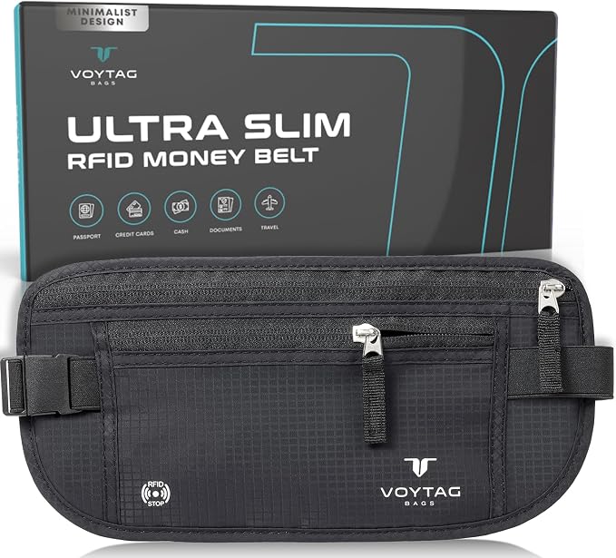 Travel Money Belt & Passport Holder - RFID Blocking Slim Travel Wallet & Fanny Pack for Men and Women - Essential Travel Pouch for Cash, Credit Cards, and Documents by VOYTAG