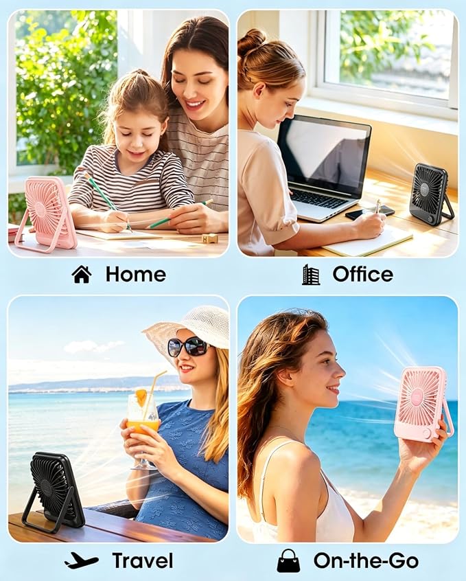 Ouddy Mode 2 Pack Small Desk Fan, Rechargeable Quiet Portable Travel Fan | 100 Wind Speeds Digital Display Black and Pink Personal Fans for Office Bedroom Home Outdoor - Image 6
