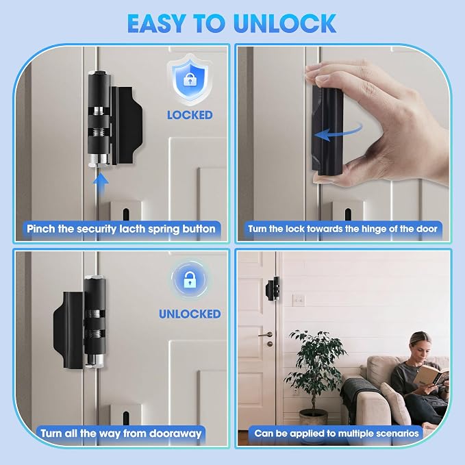 Home Door Reinforcement Lock - High Security Door Lock for Child Safe & Home Defense, Aluminum Guard for Inward Swinging Doors (Black) - Image 4