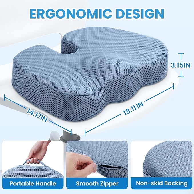 Memory Foam Office Chair Seat Cushion - Light Blue, Large | for Car Seat, Airplane, Desk Chair - Sciatica & Hip & Coccyx Pain Relief Cushion for Long Sitting Office Workers, Car Drivers - Image 2