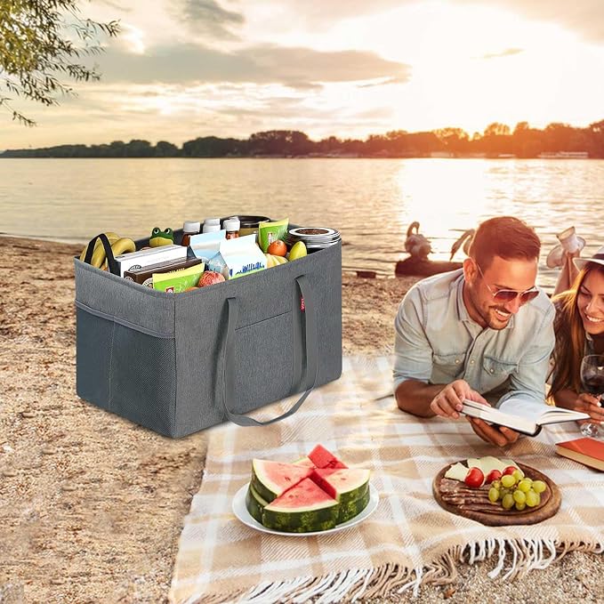 LHZK Standing Utility Tote Bag with Metal Wire Frame and the Sides Rinforced, Large Tote Bag with Handle, Reusable Grocery Bags Foldable, Beach Bag, Car Tote (Grey, 18.5''x11.8''x11.5'') - Image 6