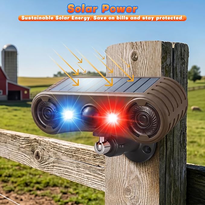 Solar Motion Sensor Alarm Outdoor, 130dB Dual Speaker Loud Noise Maker | Red & Blue Strobe Light, 13 Sounds Continuous Loop Playback, 4 Working Modes for Home, Villa, Farm, Chicken Coop - Image 7