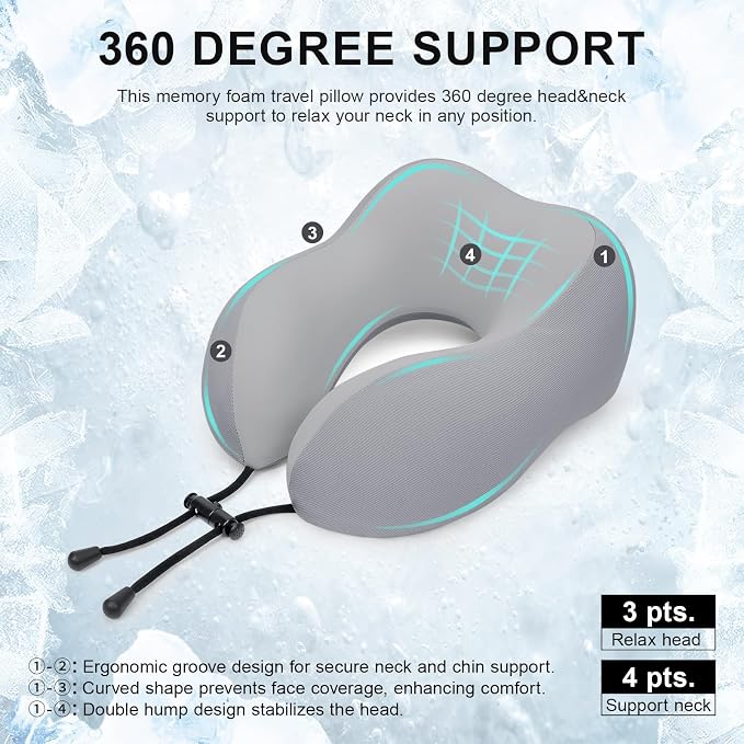 urnexttour Travel Pillow for Airplane Memory Foam Neck Pillow, Soft & Support Travel Pillow for Travelling, Sleeping Rest, Car, Train and Home Use (Grey) - Image 2