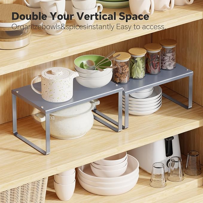 Simple Trending Cabinet Organizer Shelf, Set of 2 Kitchen Counter Shelves, Kitchen Storage, Stackable, Expandable, Metal Spice Rack for Cupboard, Bathroom, Desk, Pantry, Silver - Image 4