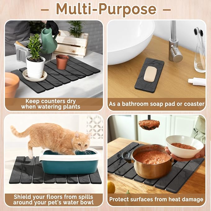 2 PCS Stone Dish Drying Mat for Kitchen Counter,Quick Dry Stone Dishes Mats,Marbled Water Absorbing Diatomaceous Earth Drying Pad for Countertop Bottles Utensils Cups（Dark Gray 20"×14" & 8"x4"） - Image 6