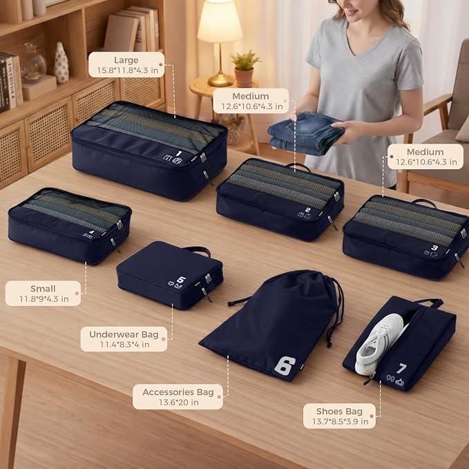 7 Set Compression Packing Cubes for Travel, Luggage Organizer Bags for Suitcases with Mesh Panels, Shoe Bag & Toiletry Bag for Carry On, Vacation & Cruise Essentials (Navy Blue) - Image 2