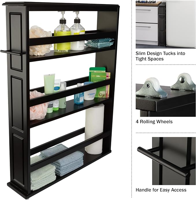 Lavish Home 3 Tier Slim Utility Rolling Storage Cart, Black, 25”W x 5.7”D | Narrow Rolling Cart Storage Organizer with Handle and Wheels for Bathroom, Laundry Room, and Kitchen, Pull-Out Home Organizer - Image 5