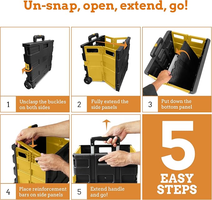 Inspired Living Ultra-Slim Rolling Collapsible Storage Pack-N-Roll Utility-carts, with Telescopic Handle, for Home, Garden, Shopping, Office, School use, Medium, Yellow & Black - Image 6