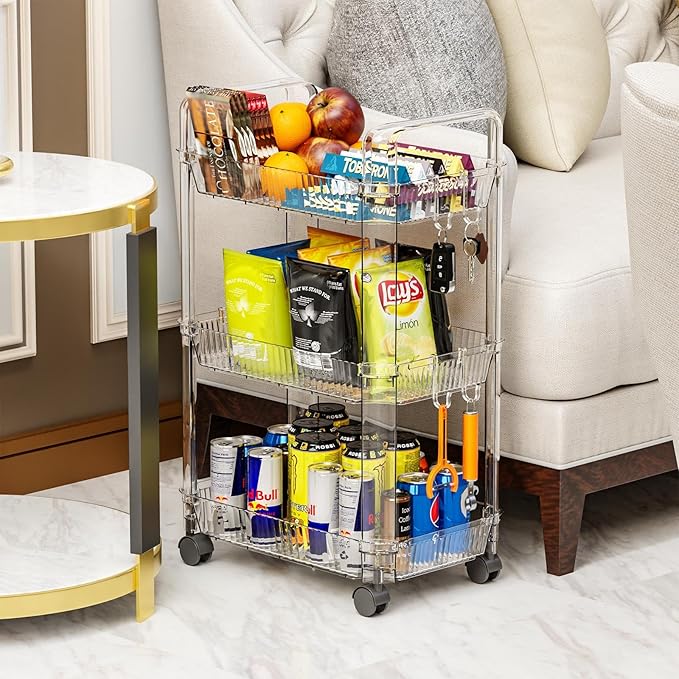 Clear 3 Tier Rolling Utility Cart with Wheels,Modern Bedside Cart for Baby Essentials,Nursery,Diaper Caddy,Baby Supplies,Rolling Storage Carts for Living Room,Bathroom,Kitchen,Book Cart - Image 5