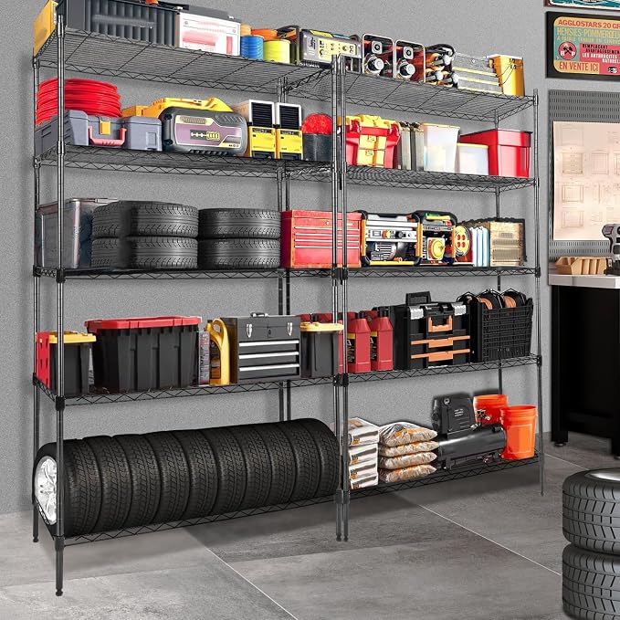 Whitmor 5 Tier Metal Storage Shelves, Heavy Duty with 4 Wheels & Adjustable Feet, 400 lbs Capacity per Shelf, Max 2000 lbs Total for Home, Garage, Workshop, 36" L x 14" W x 60" H, Black - Image 2