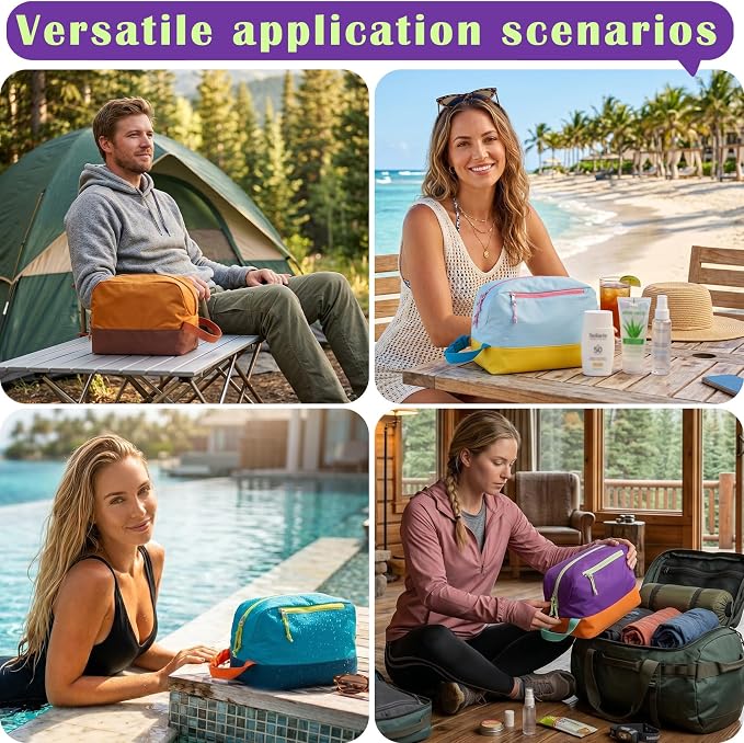 Waterproof Makeup Bag For Women Girls Men,Two-Tone Colorblock Travel Toiletry Bag With Wet Pocket & Removable Transparent Bag, 8L Large Capacity Lightweight Vacation Essentials (Purple+Orange) - Image 7