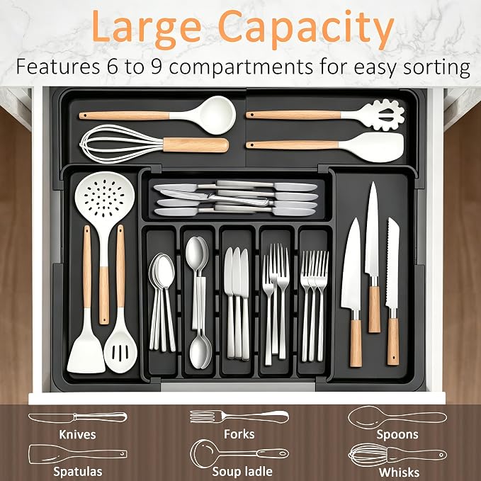Silverware Organizer Expandable Kitchen Utensil Drawer Organizer Large BPA Free Adjustable Cutlery Silverware Tray for Spoons Forks Knives Storage Divider for Kitchen Flatware 6-9 Slots Black - Image 3