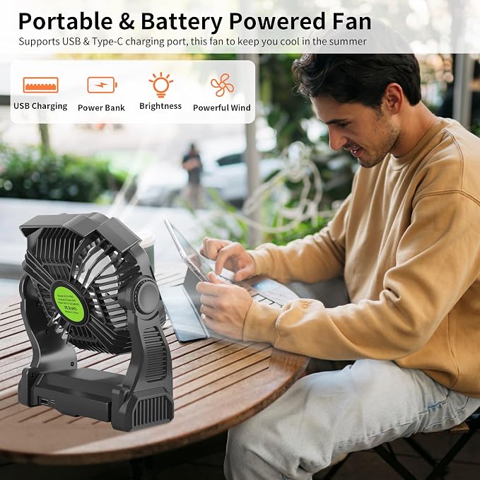Rechargeable Portable Camping Fan for Tent with LED Light, 20000mAh USB Personal Battery Powered Fan Outdoor Camping Essentials Battery Operated Portable for Travel Beach Essentials X23 Black - Image 2