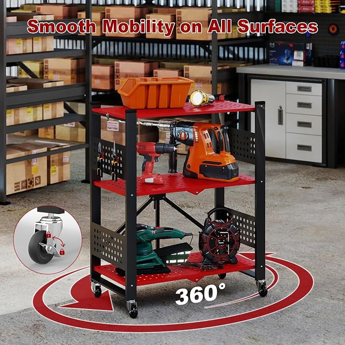 3-Tier Folding Shelf with Roller Casters for Storage Required. | Heavy-duty steel folding shelf Side Pegboard Construction Garage Shelves, Red And Black Perforated Shelves, No assembly - Image 7