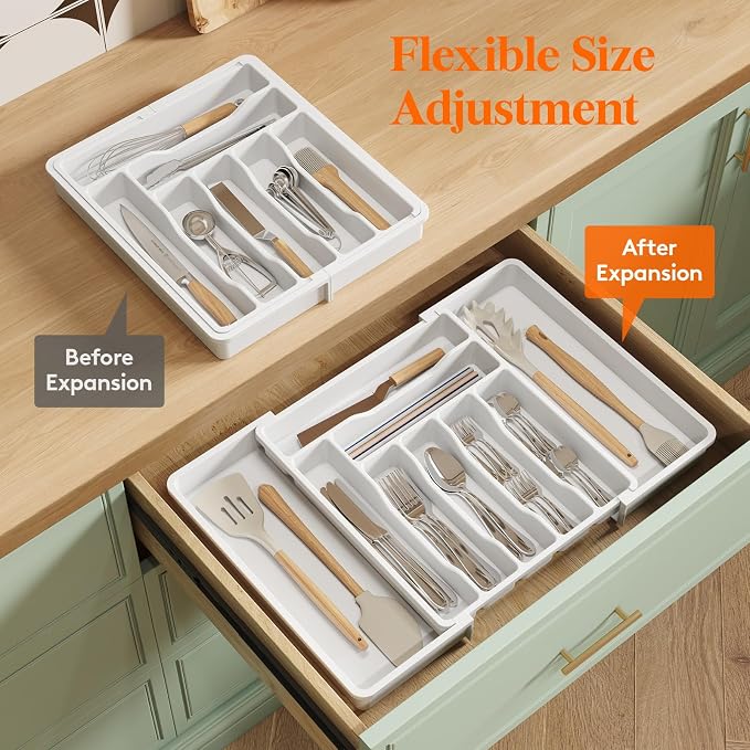 Lifewit Expandable Silverware Drawer Organizer, Kitchen Utensil Tray | BPA-free Plastic Flatware Cutlery Holder, Space-Saving Storage for Spoons Forks Knives, 13-22.4 x 15“, White - Image 7