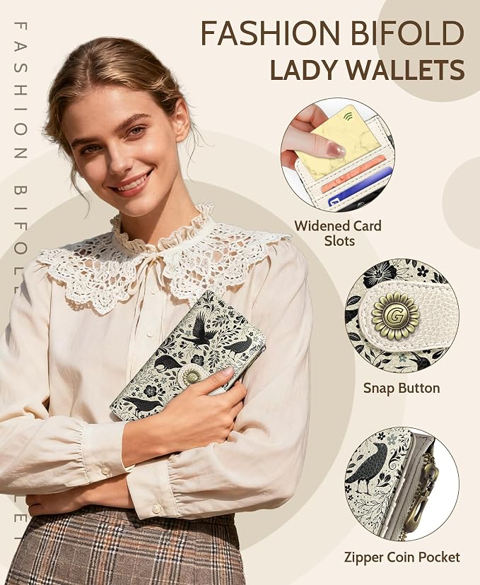 GIANCOMICS Crow Womens Wallet RFID Blocking, Goth Credit Card Holder Bifold | Billfold, Cute Cash Purse, Travel Zipper Coin Pocket, Compact Clutch, PU Leather, ID Window, 11 Card Slots, Ladies Gift Woman - Image 6