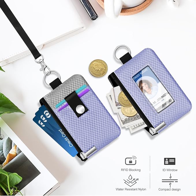 Minimalist RFID Blocking Small Wallet with ID Window,WaterResistant Zip Id Case Wallet with Lanyard Keychain for Cards,Cash,Travel,Women,Men (Lavender Purple/Light gray) - Image 8