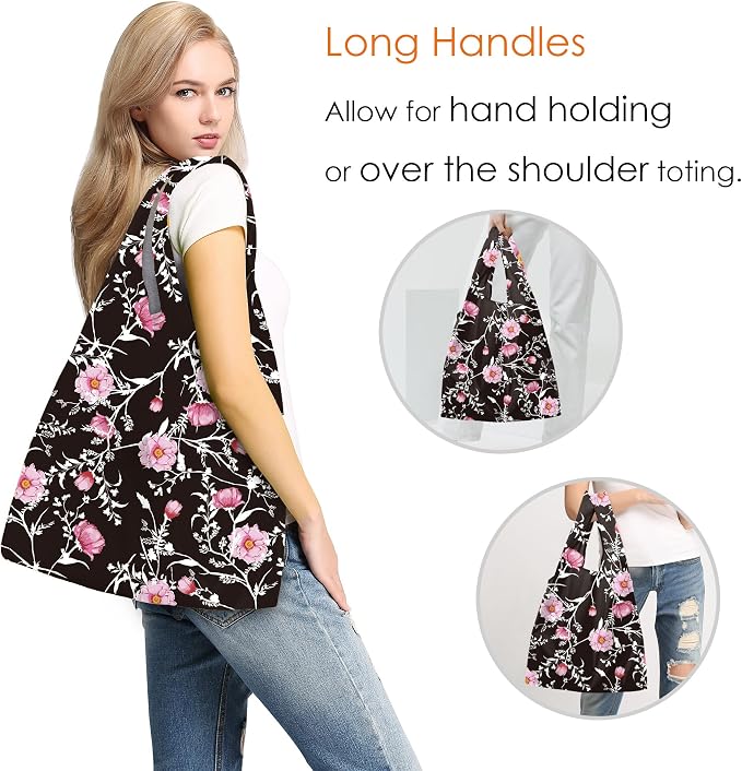 BeeGreen Floral Reusable Grocery Bags Bulk 6 Packs X-Large50LBS, Reusable Shopping Bags Foldable for Groceries, Vegetables, Fruits Bulk Tote Bags Washable For Women Men - Image 5