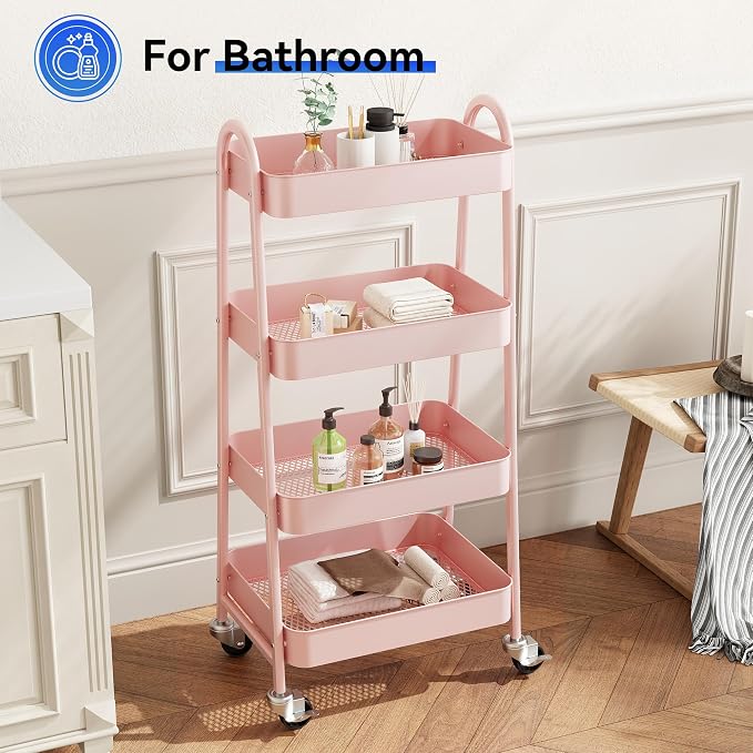 OLIXIS Metal 4 Tiers Rolling Storage Utility Cart with Lockable Wheels | Mobile Organizer Shelf, Space-Saving, Freestanding, Bathroom, Living Room, Slim, Narrow Corner Spaces, Pink - Image 5
