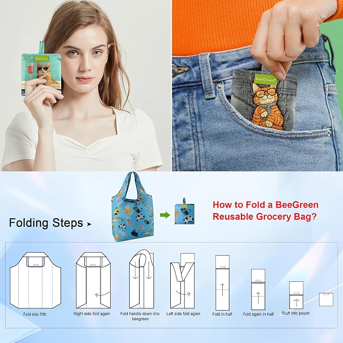 BeeGreen Cat Reusable Shopping Bags Cute Grocery Bag 6 Pack, Christmas Gift Bags Heavy-Duty Foldable Shopping Totes for Supermarket, Work & Travel, Large Washable Polyester Tote Bag with Handles - Image 6