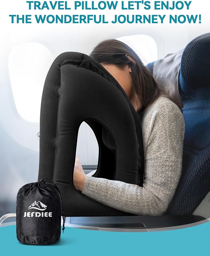 Inflatable Travel Pillow, Airplane Neck Pillow Comfortably Supports Head and Chin for Airplanes, Trains, Cars Office Napping on The Tray Table (Black) - Image 8