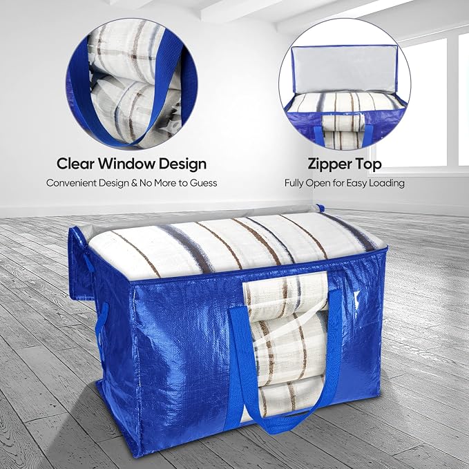 BALEINE 8-Pack Oversized Moving Bags with Reinforced Handles, Heavy-Duty Storage Tote Moving Supplies for Packaging, Camping (Blue w/Window, 8-Pack) - Image 5