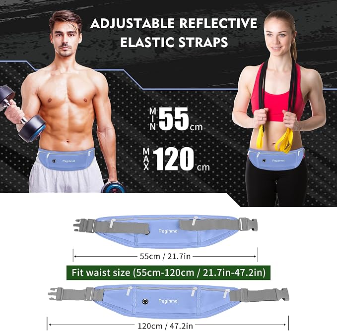 Slim Running Belt Fanny Pack, Waist Pack Bag for Women Men, Running Pouch for Phone Waterproof Reflective with 3 Pouches, Running Phone Holder for Sports, Traveling (Blue) - Image 2