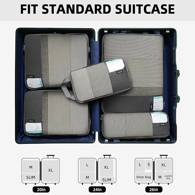 BAGAIL Lightweight Compression Packing Cubes for Travel, 6 Set, Dark Grey | Salis Nylon Fabric,Anti-Tearing,Save Space,SBS Zippers,Packing List,PVC Tag Pocket,Custom Labels,Visible Mesh,Portable Handel - Image 8