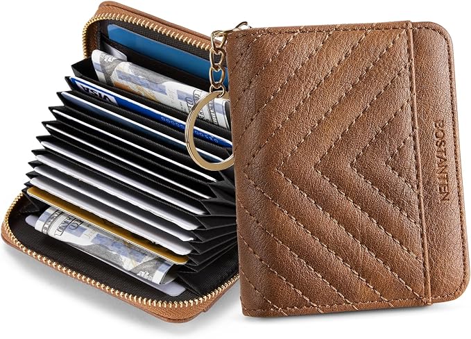 BOSTANTEN Credit Card Holder Small RFID Wallet Women with Keychain Wristlet | Compact, Accordion Design, Easy Organization, Fits Small Purses, Quilted Vegan Leather, Perfect Gifts, Brown - Image 7