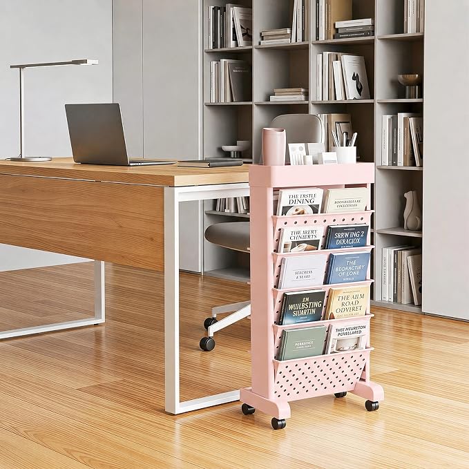 BYFU 6-Tier Movable Bookshelf Cart, Pink | Rolling Wheels, File Paper Storage Organizer, Mobile Bookcase, For Home Office Study Classroom - Image 2