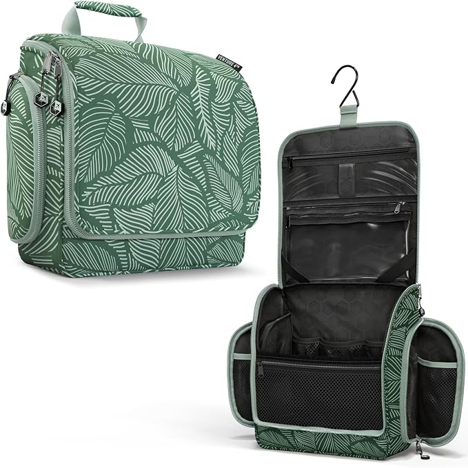 VENTURE 4TH Hanging Travel Toiletry Bag, 17 Compartments - Green Leaves | Hangs on rails, hooks or doors; stands upright too. Removable TSA pouch. Water-resistant 900D Nylon, reinforced stitching. by VENTURE4TH
