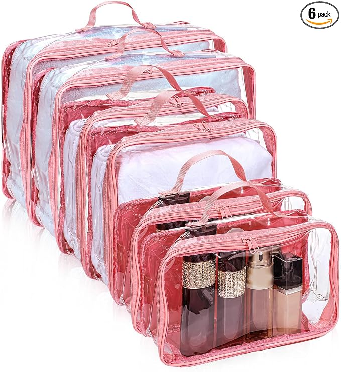 Hillban 6 Pcs Pink Large Clear Travel Packing Cube 3 Sizes See Through PVC Organizer for Suitcase Multipurpose Pouch with Handle Vinyl Zippered Storage Bags Luggage Cube Organizer by Hillban
