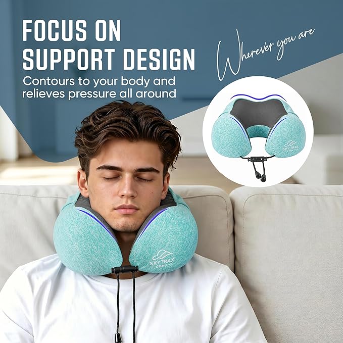 SkytraxComf® Travel Neck Pillow with Hood for Privacy on Long Flights | Memory Foam | Airplane Sleep | Safety-Tested Materials | Extra Large Hood | Chin Support | Earplugs | Washable Cover - Image 5