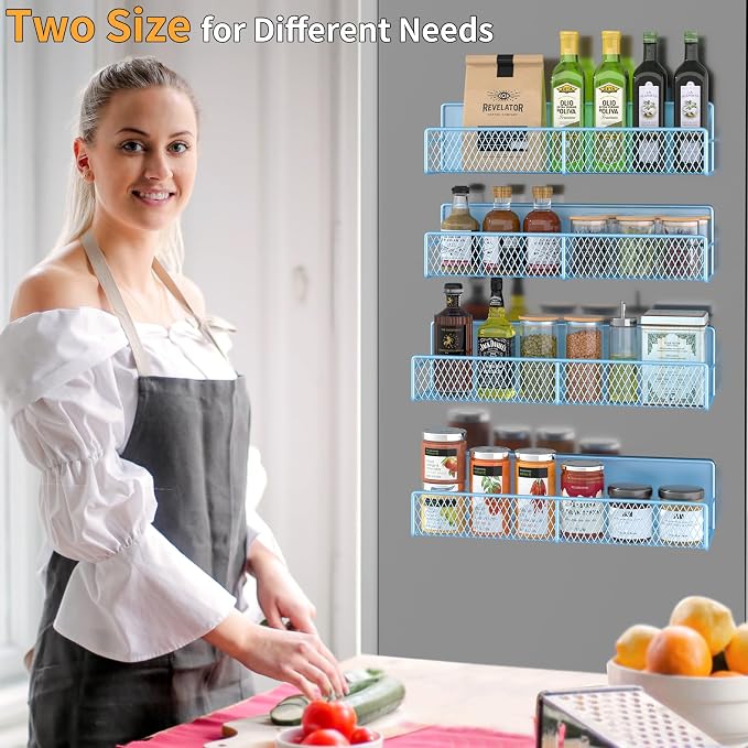 DTUQYX Magnetic Spice Rack for Refrigerator, 4 Pack 100% Metal Strong Magnet Fridge Shelves, Space Saving Spice Organizer, No Drilling Moveable Home Kitchen Laundry Room Storage Organization, Blue - Image 6
