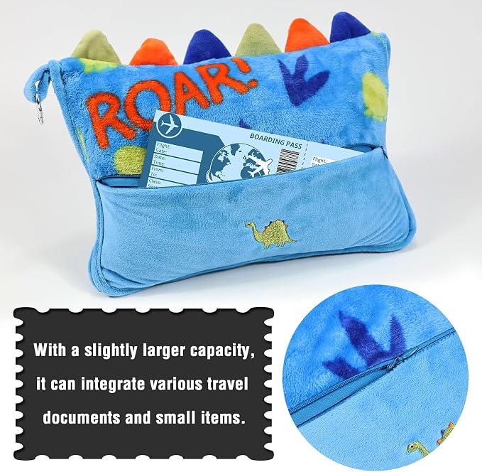 3 in 1 Travel Pillow and Blanket Set for Kids | Soft Travel Blanket Airplane Campact with Bag,Pillow Blanket for Boys with a Pocket,Backpack Clip, Luggage Sleeve (Dinosaur) - Image 4