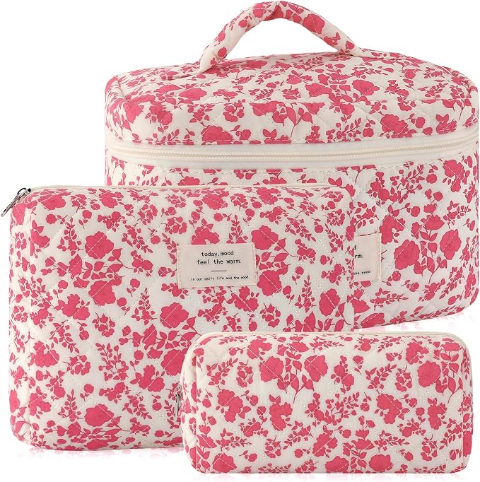 URSKYTOUS 3Pcs Cotton Quilted Makeup Bag for Women Large Small Travel Cosmetic Bag Set Cute Pink Floral Print Makeup Pouch for Purse Portable Skincare Bags Coquette Vintage Puffy Travel Essential by URSKYTOUS