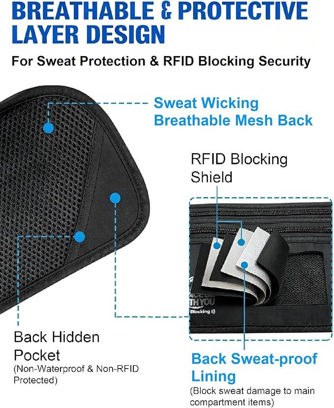Money Belt for Travel, Passport Holder, RFID Blocking, Extender Strap | 3rd Gen Slim Waist Wallet Anti Theft to Protect Cash, Credit Cards and Document Under-Clothes for Men & Women, Black, Bamneat - Image 4