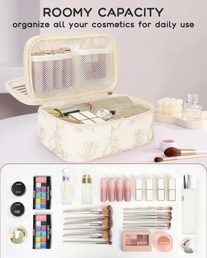 Relavel Travel Small Makeup Bag, Floral Cosmetic Bag with Brush Compartment | Portable Makeup Pouch for Women, Double Layer Cute Toiletry Organizer Bag with Accessories, Lily Floral - Image 5