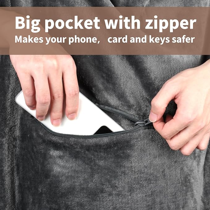Tirrinia Travel Portable Blanket with Feet Pocket Airplane Office Poncho 4 in 1 Zippered Front Pocket Premium Cozy Fleece Blankets with Built-in Bag - Image 3