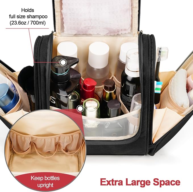 Hanging Travel Toiletry Bag for Women and Men, 6 Organizer Compartments, Large Toiletries essentials, Bathroom Cosmetic Accessories, Water-resistant Makeup Bag, Holds Full-Size Shampoo, Black - Image 2