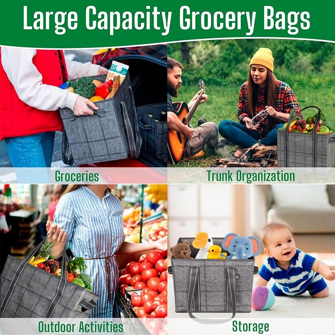 VENO 2 Pack Extra Large Reusable Grocery Shopping Bags Utility Tote | Water Resistant, Storage Box w/ Sturdy Side Handles & Hard Bottom, Foldable for Groceries Shopping Cart(Windowpane, 8 Gallon) - Image 6