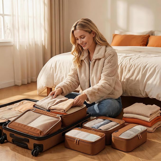 4 Piece Compression Packing Cubes for 3–7 Day Travel, Space Saving Travel Organizers with Breathable Mesh, Double-Zipper Packing Cubes for Carry-On & Suitcases (Brown) - Image 6